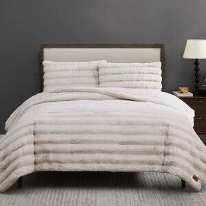 Frye 3 Piece Channel Stitch Faux Fur Comforter Set, Cream/Beige Queen, N…